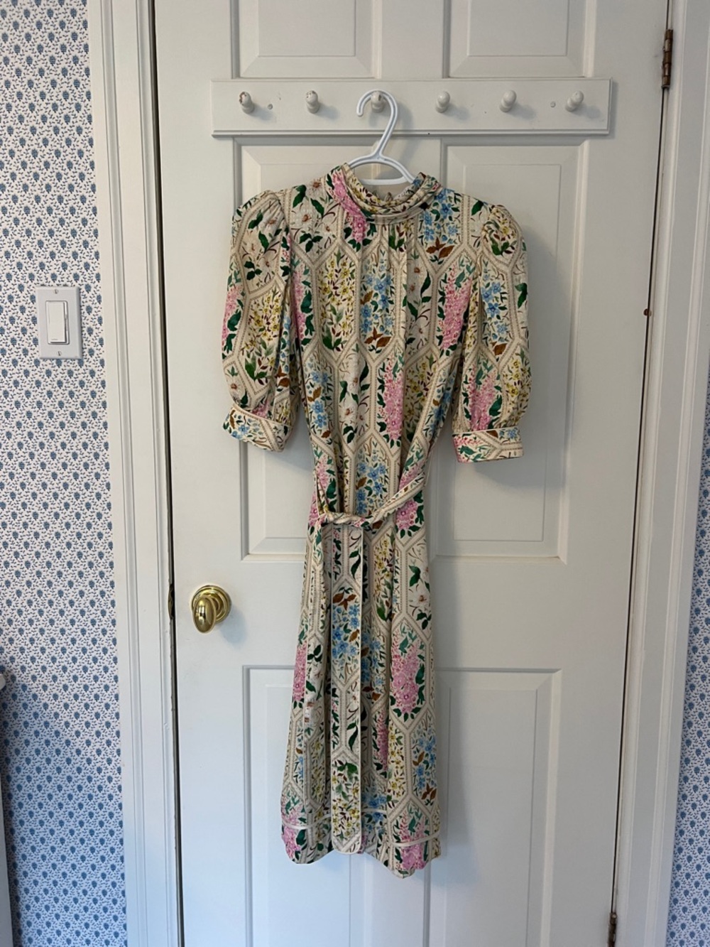 HUNTER BELL Cream Floral Puff-Sleeve Midi Dress with Pink, Blue & Green Accents